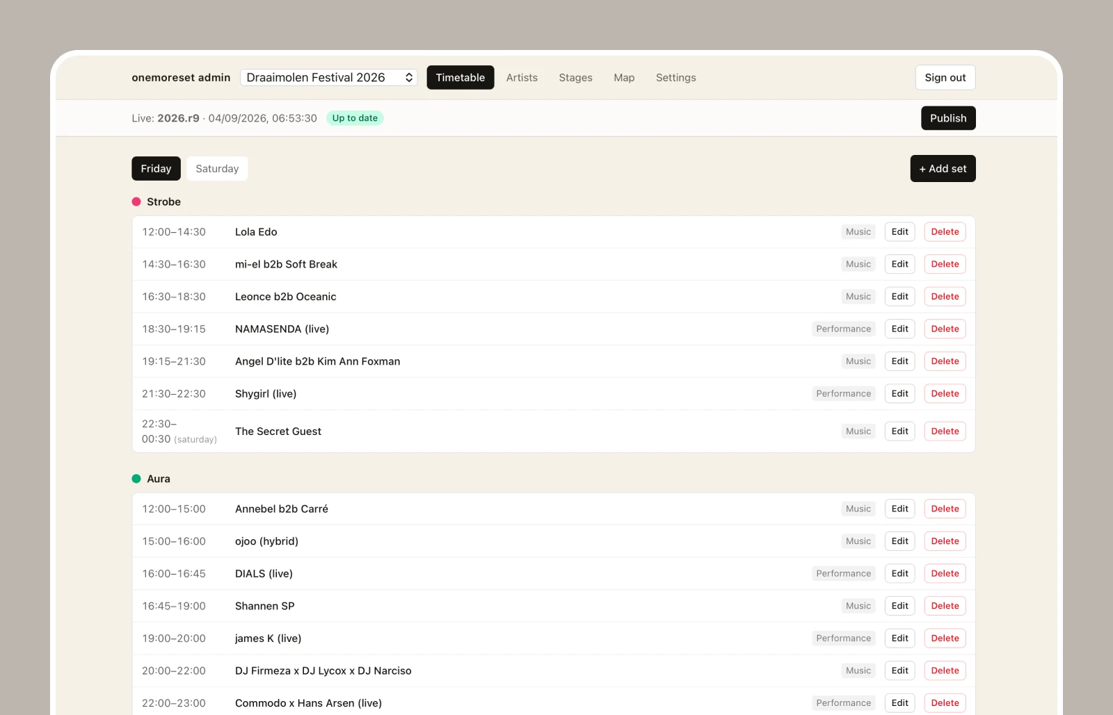 Onemoreset admin for Draaimolen: manage stage schedules, edit sets and publish programme updates.