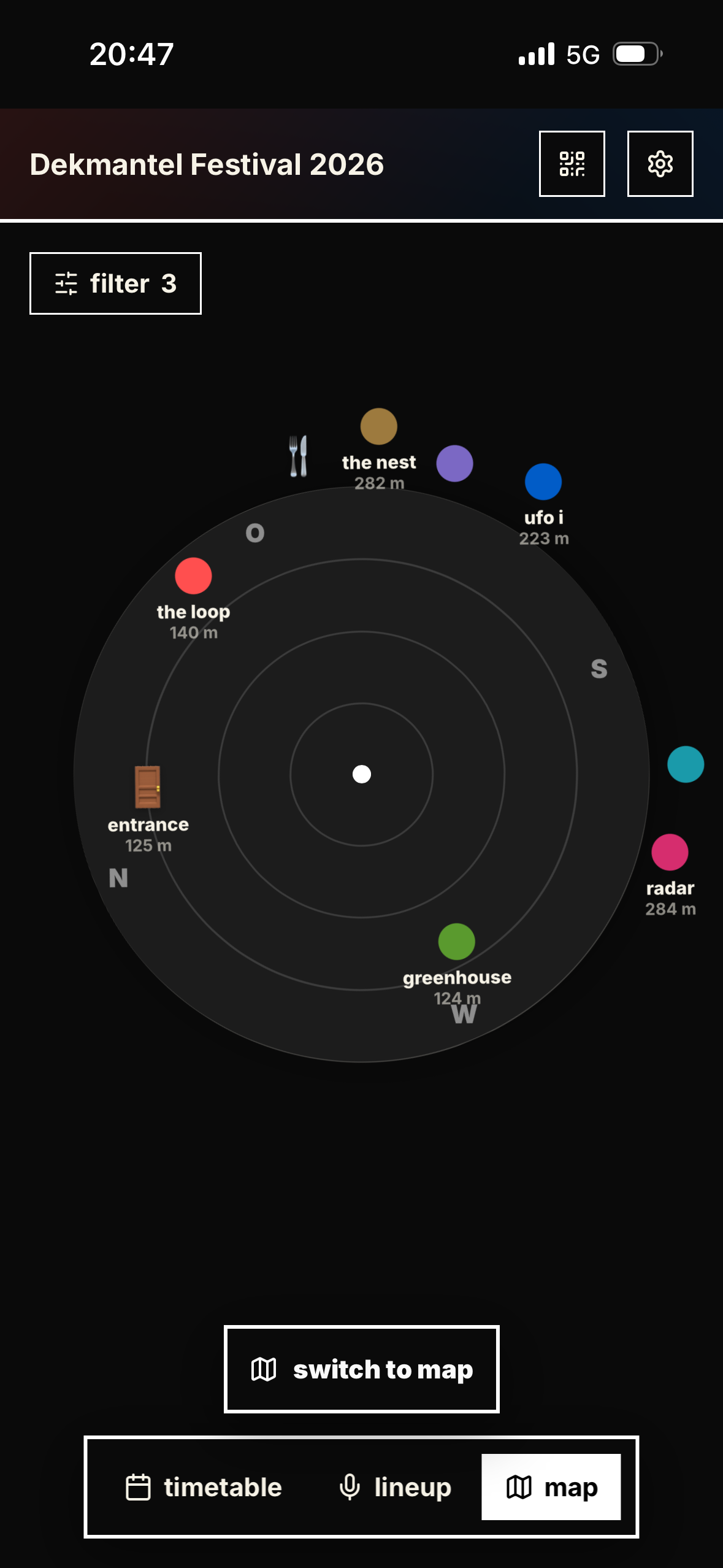 Dekmantel Festival compass with the visitor centred among nearby stages and facilities.