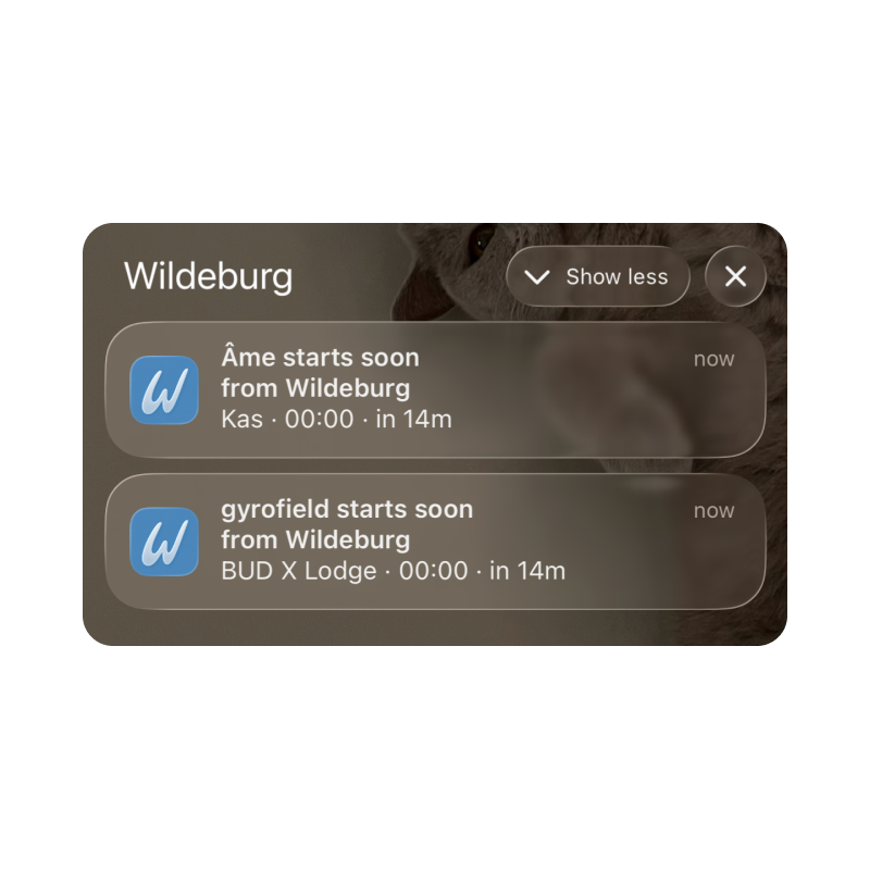 Starting-soon reminders for Âme and gyrofield at Wildeburg.