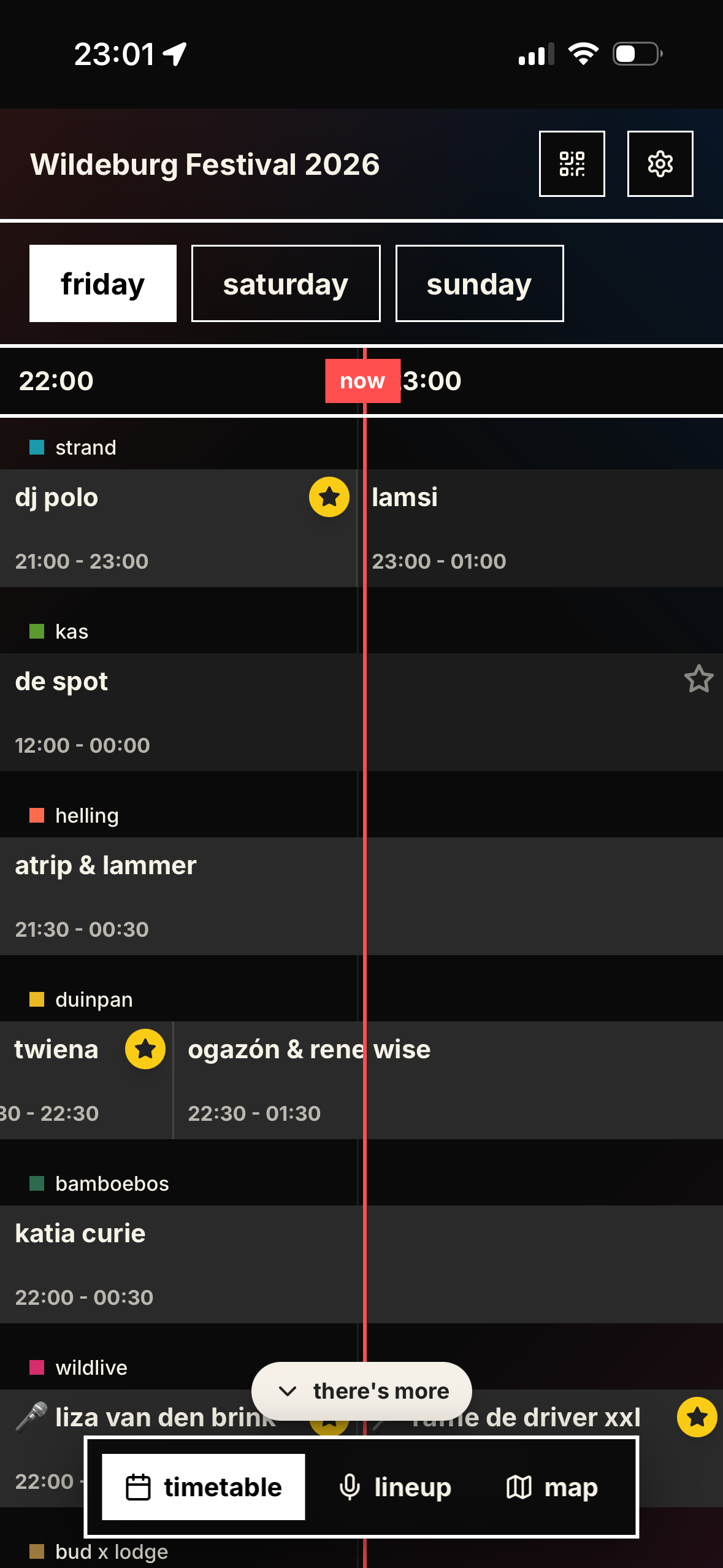 Wildeburg Festival timetable with stages, set times and a now line.
